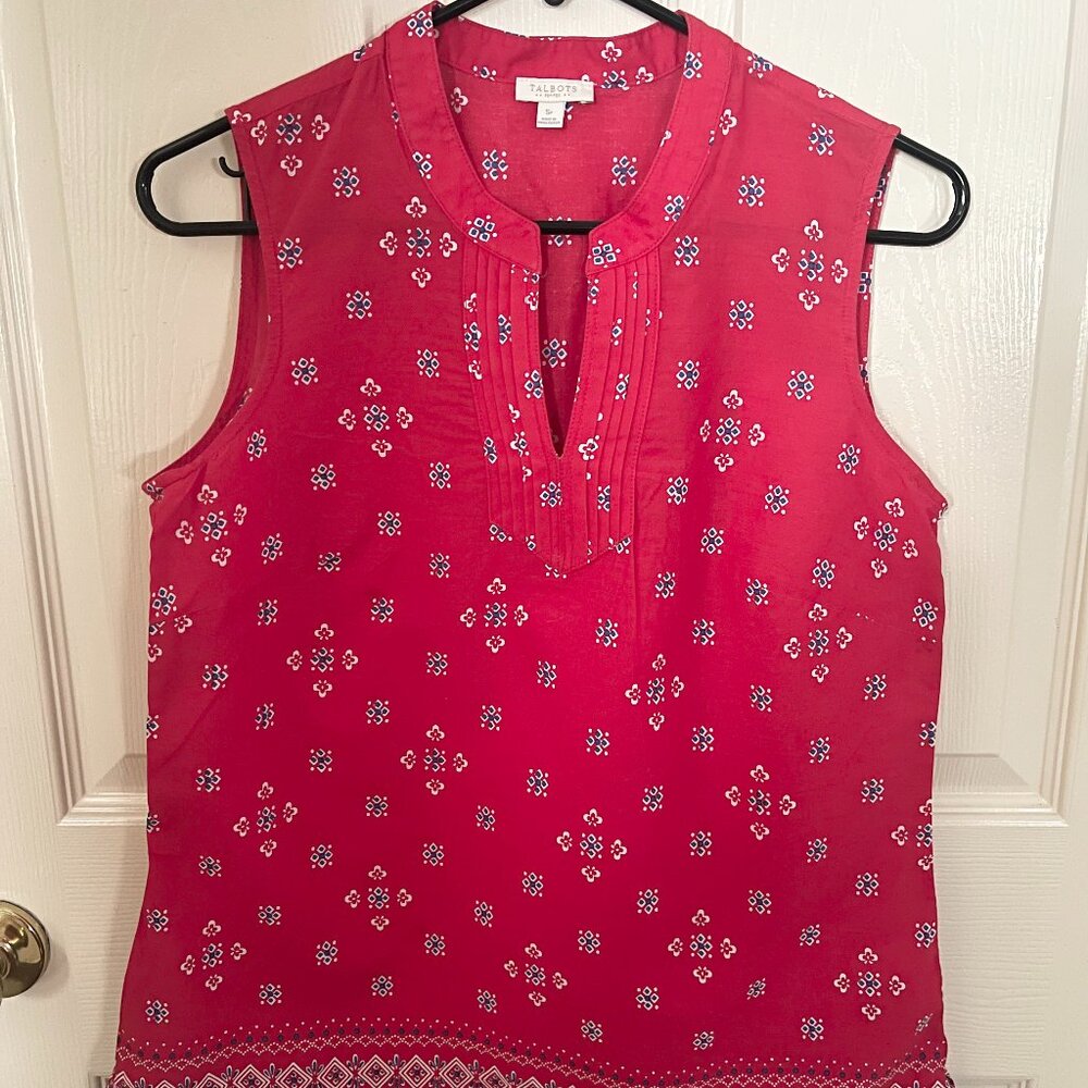 TALBOTS Red Blue White Print Sleeveless Blouse Small Petite V Neck